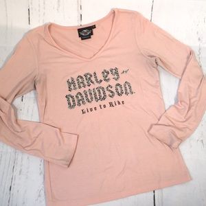 💰Bundle 3/$30 Harley Davidson light pink long sleeve top Small Bling HD BIKER
